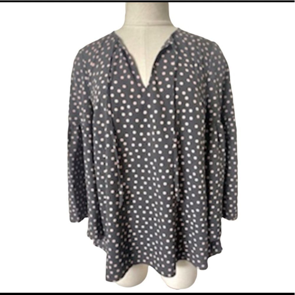 Boden grey long sleeved blouse with pink polka dots